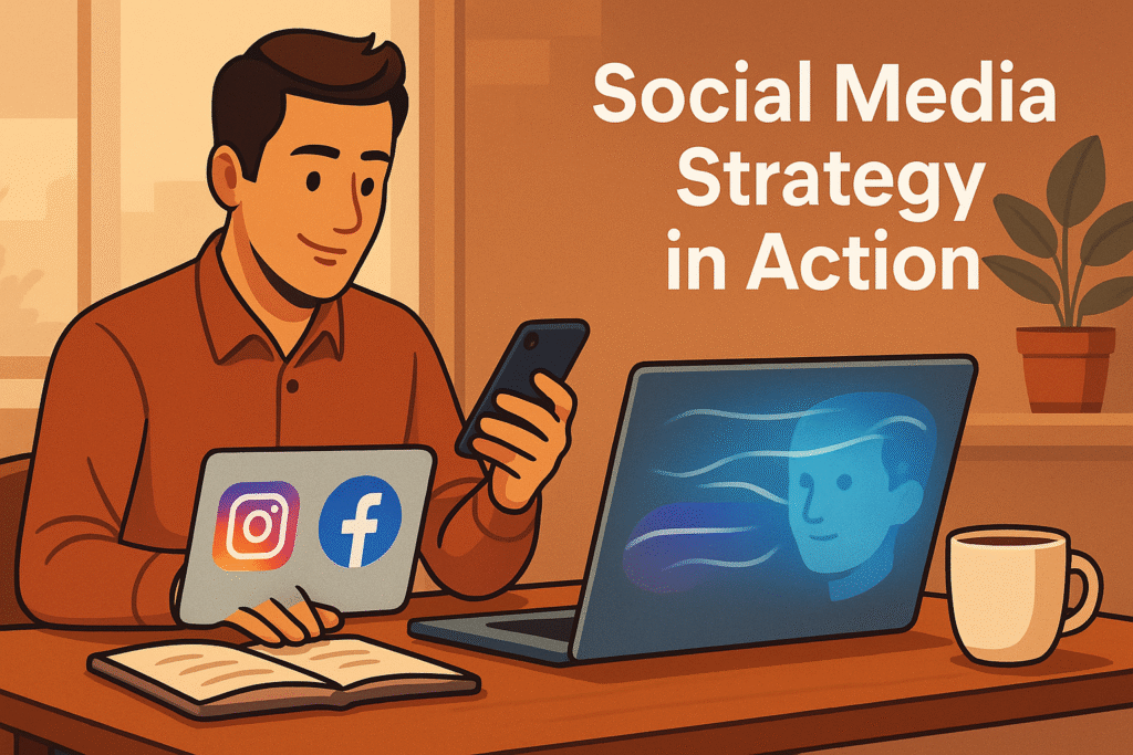Business owner working on social media strategy at a café