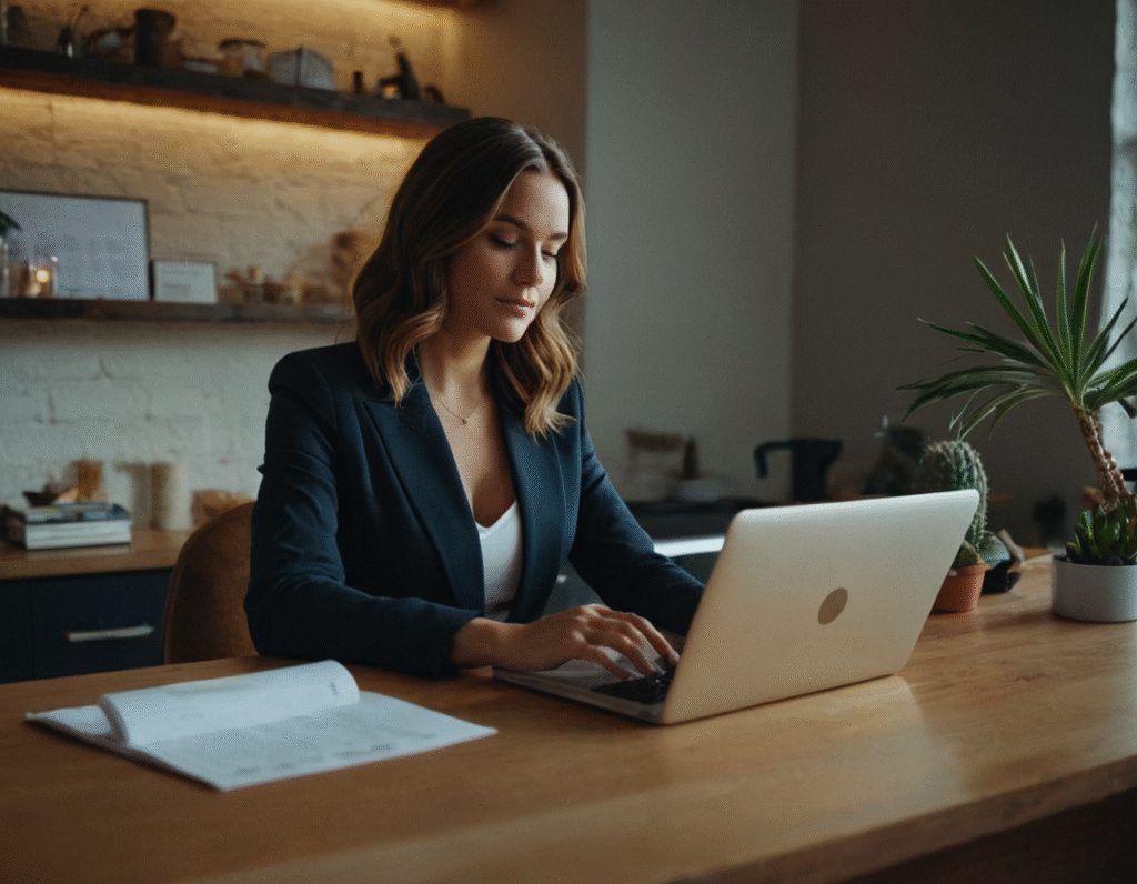 Small business owner using digital marketing tools like SEO, email, and social media to grow online