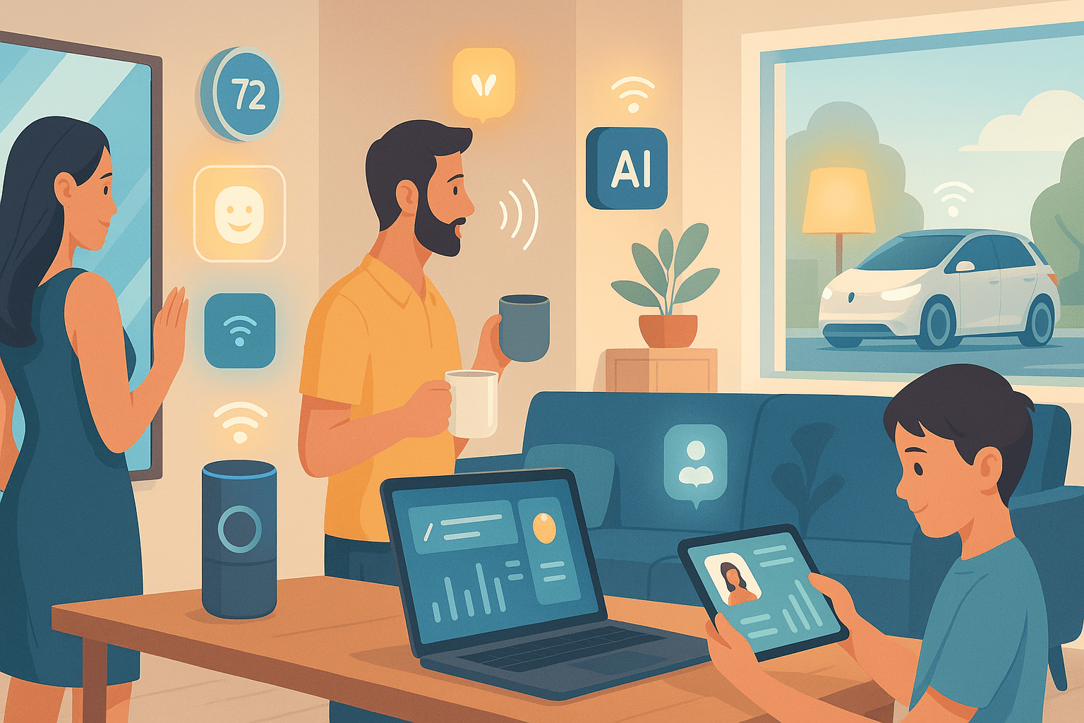 AI transforming daily life in 2025 with smart devices, virtual assistants, online learning, and autonomous vehicles-min