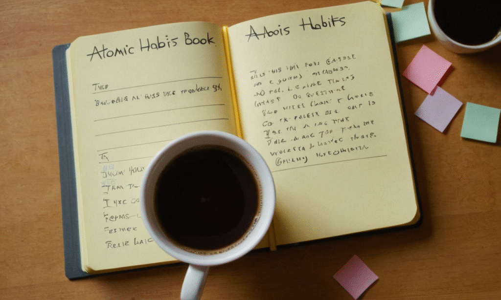 Atomic Habits book on a desk with sticky notes showing phrases like ‘1% Better’ and ‘Tiny Changes’, with a coffee cup beside it