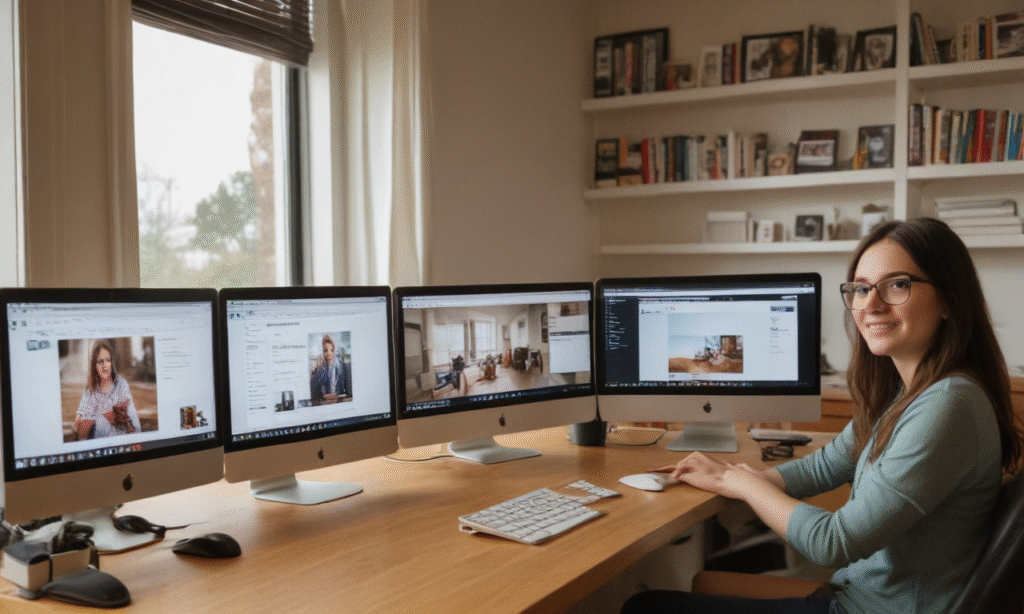 Beginner comparing ease of use between WordPress, Wix, and Blogger dashboards on three screens with blog tools and design options Beginner comparing ease of use between WordPress, Wix, and Blogger dashboards on three screens with blog tools and design options