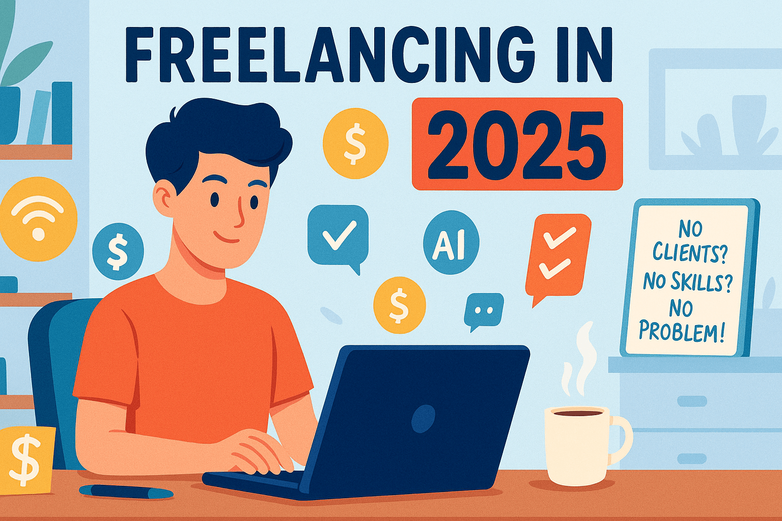 Beginner freelancer working from home in 2025 with no skills or clients, learning and earning online using a laptop