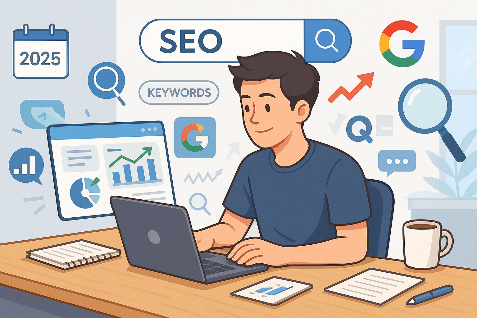 Beginner learning SEO in 2025 with laptop, charts, and keyword tools for step-by-step optimization guide