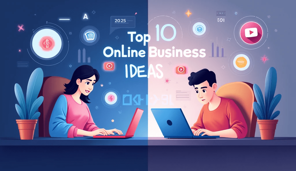 Best online business ideas for beginners in 2025 – laptop work from home, blog, eCommerce, YouTube and passive income icons