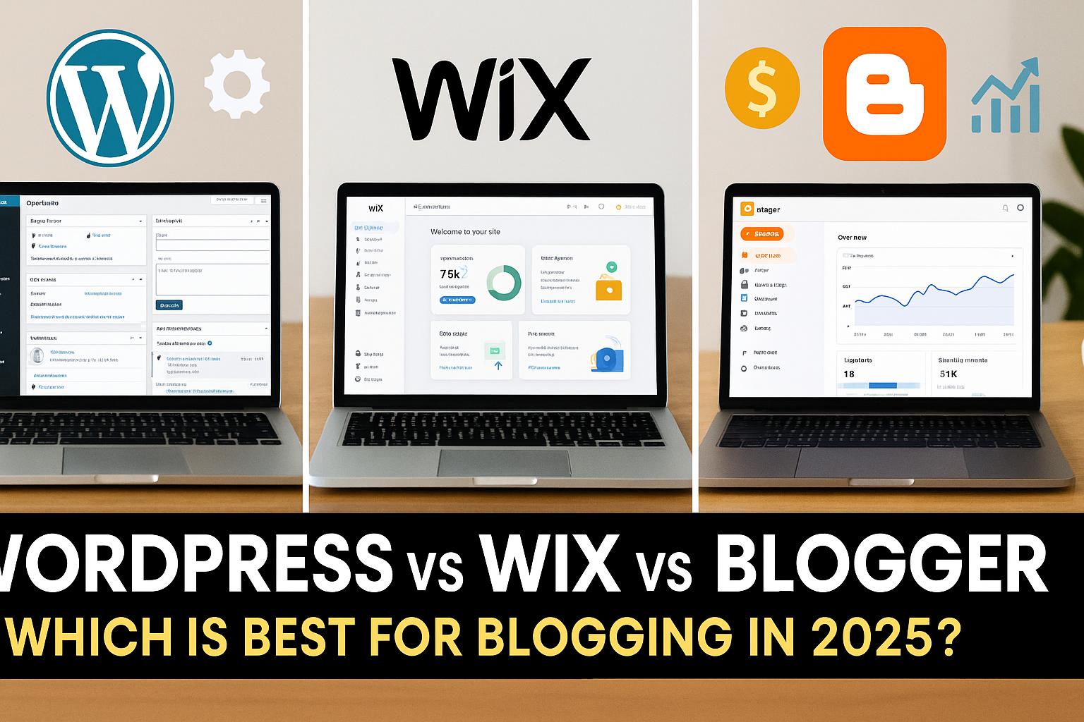Comparison of WordPress, Wix, and Blogger platforms showing blogging dashboards, SEO tools, and customization features for 2025 blogger
