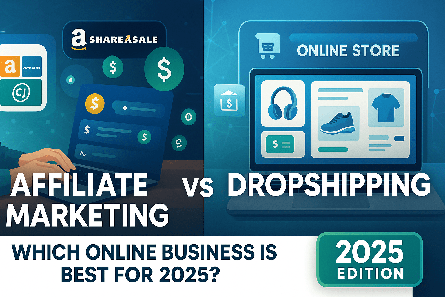 Comparison of affiliate marketing and dropshipping business models in 2025 with icons of commissions and ecommerce platforms