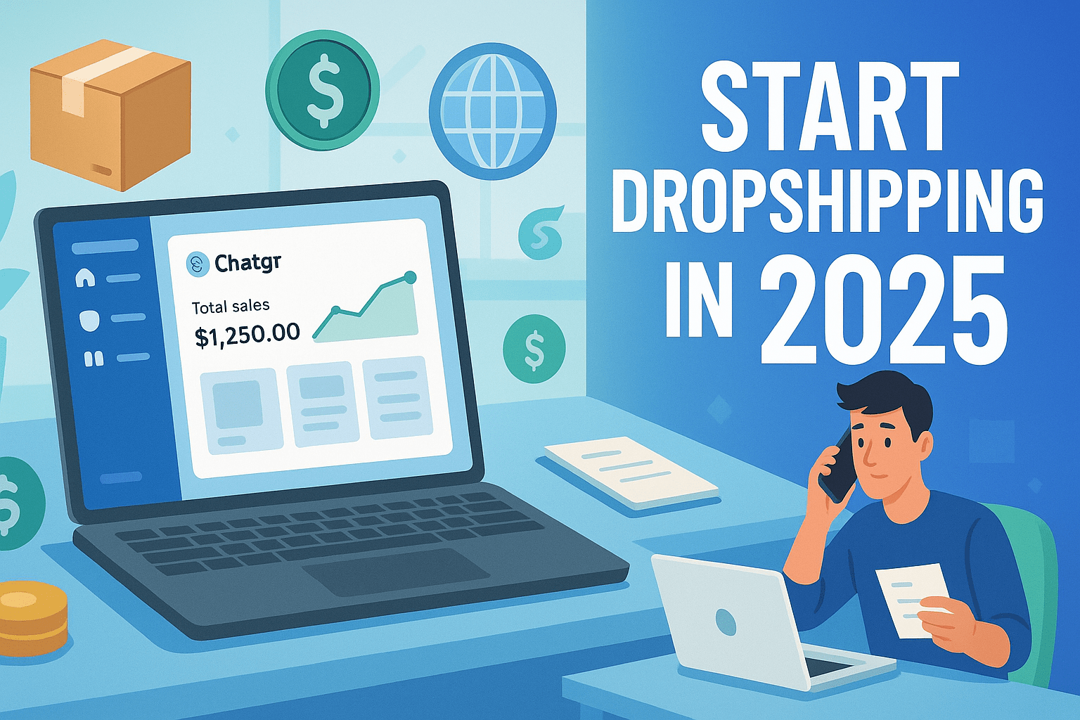 Entrepreneur managing a dropshipping business model online in 2025 without inventory using laptop and global shipping tools