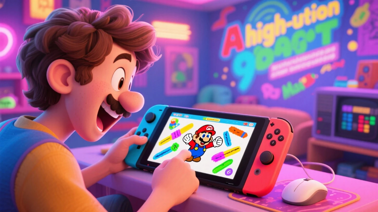 Excited gamer playing Mario Paint on Nintendo Switch using mouse control with retro-style colorful interface