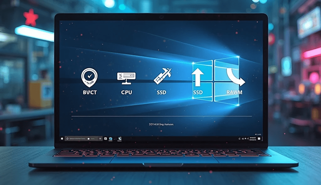 Fast and optimized Windows 11 laptop with performance boost icons showing ways to speed up Windows 11 instantly