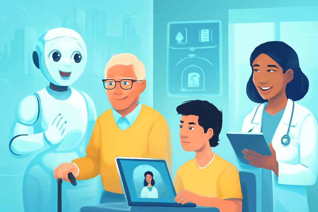 Futuristic illustration showing the best things about AI in today’s world including smart healthcare, education, home automation, and helpful robots. Futuristic illustration showing the best things about AI in today’s world including smart healthcare, education, home automation, and helpful robots.