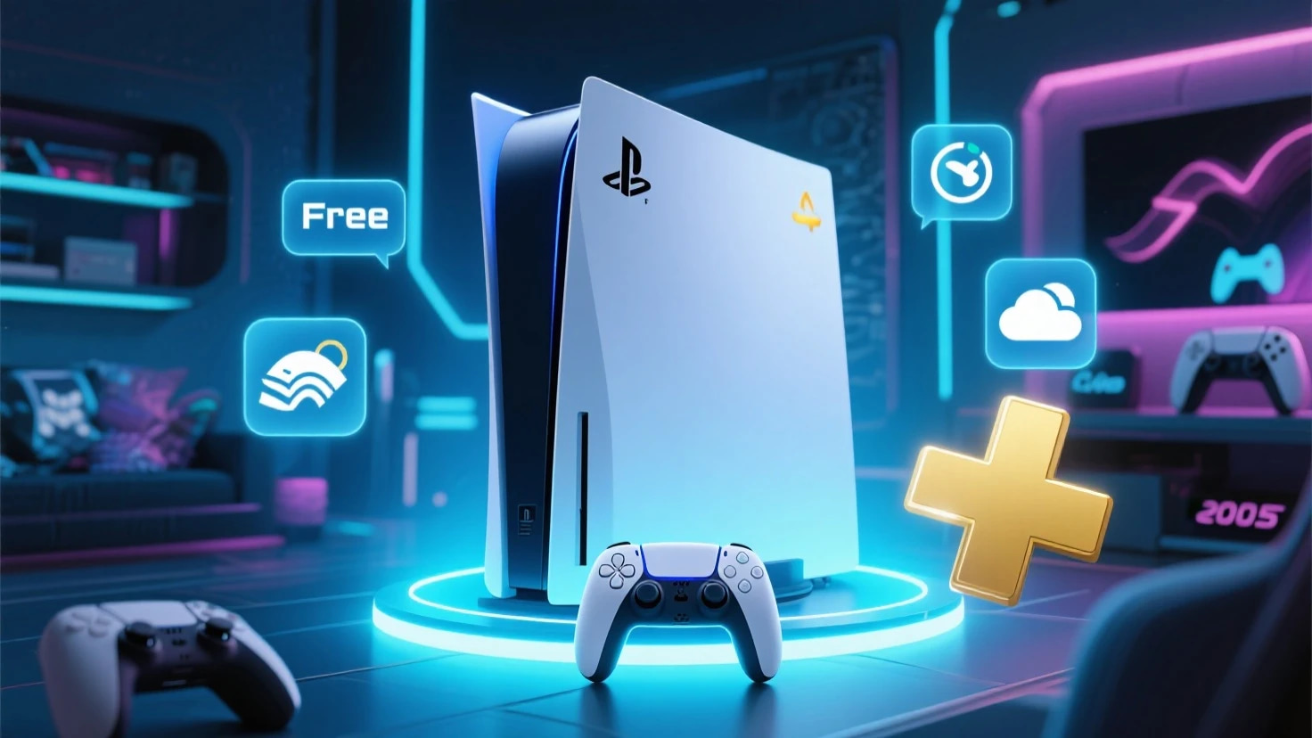 Illustration of PlayStation 5 and PS Plus benefits in 2025 including cloud saves, game icons, and subscription perks
