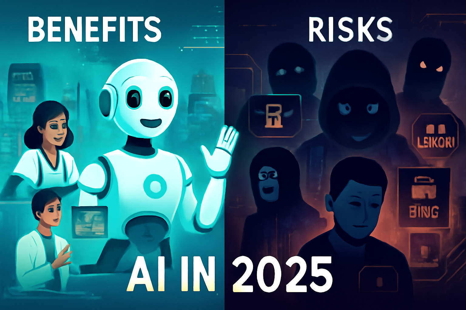 Illustration showing the benefits and risks of artificial intelligence in 2025 with a futuristic robot, smart technology, and digital threats.