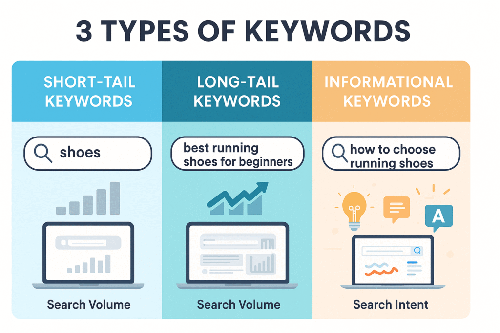 Infographic showing short-tail, long-tail, and informational keywords with examples and search intent visuals for SEO beginners. Infographic showing short-tail, long-tail, and informational keywords with examples and search intent visuals for SEO beginners.