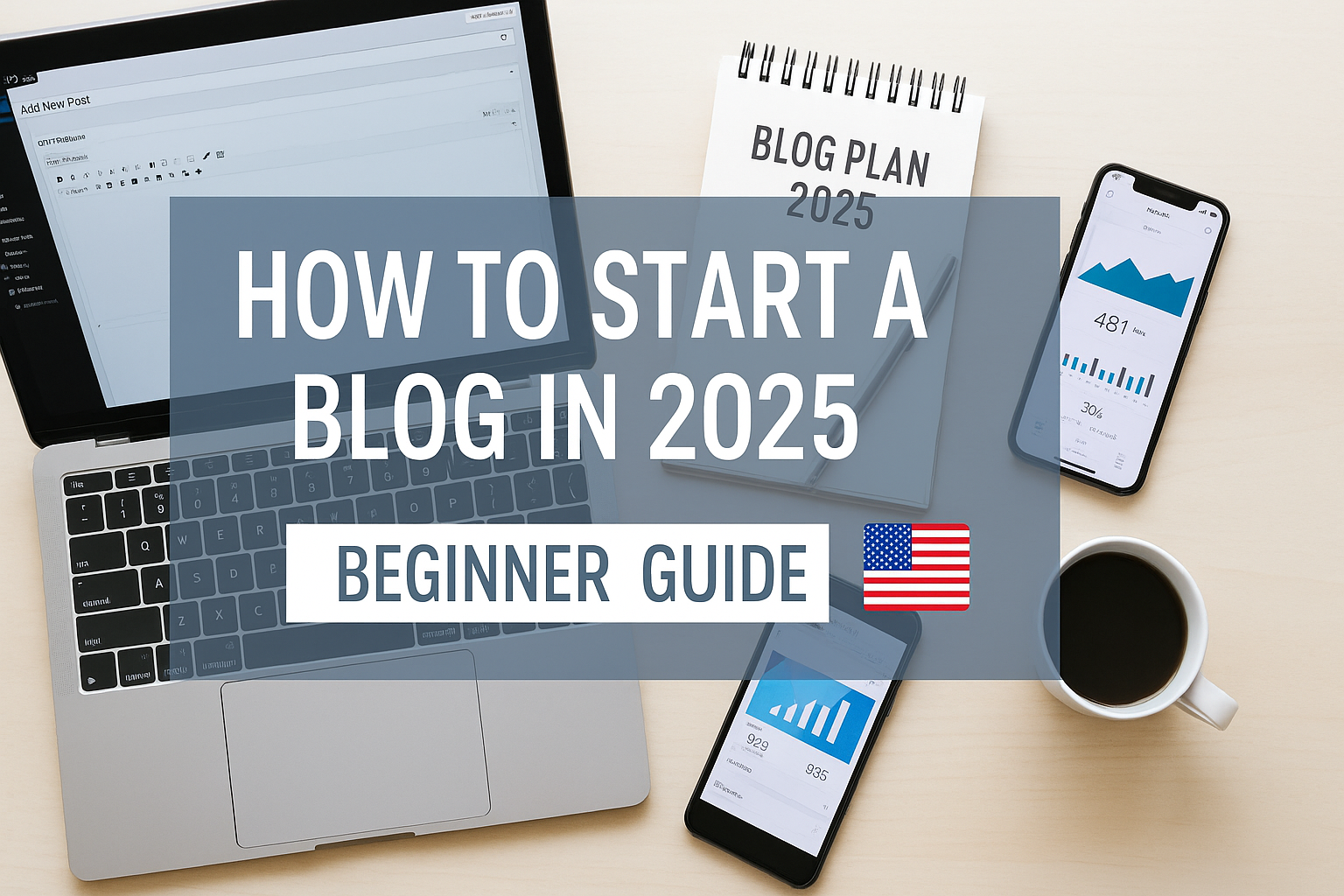 Laptop showing WordPress setup with a blog planning notebook titled Blog Plan 2025 – beginner starting a blog workspace in 2025