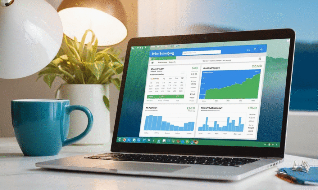 Laptop showing blog income statistics with 2025 calendar and passive income icons like AdSense, affiliate links, and email marketin Laptop showing blog income statistics with 2025 calendar and passive income icons like AdSense, affiliate links, and email marketin