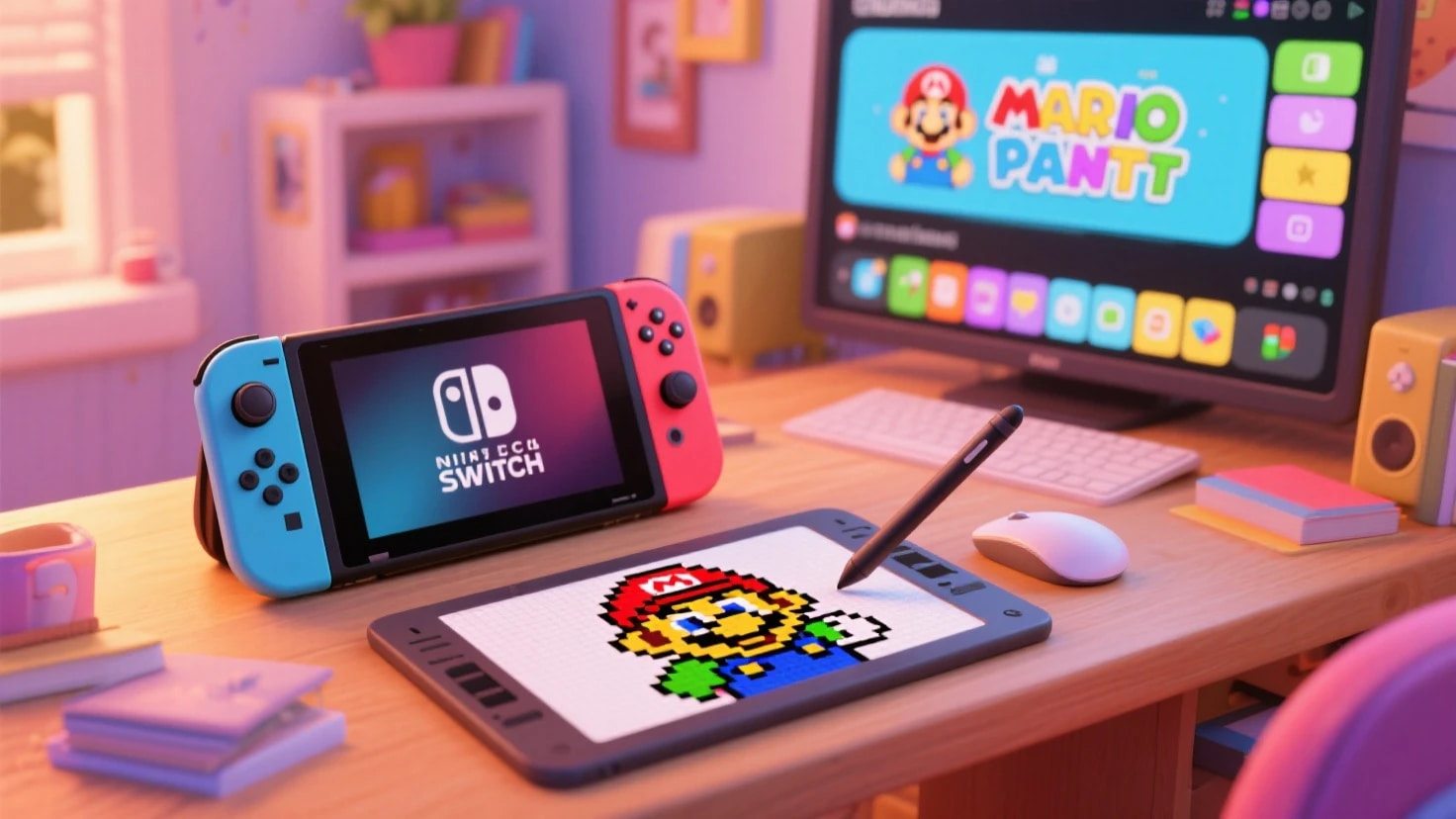 Mario Paint on Nintendo Switch using mouse controls in 2025, showing pixel art being created on screen