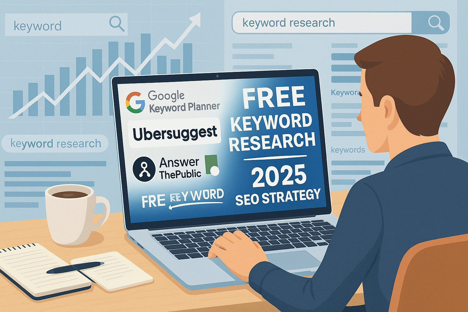Person doing keyword research using free SEO tools like Google Keyword Planner and Ubersuggest on a laptop for 2025 blog strategy.