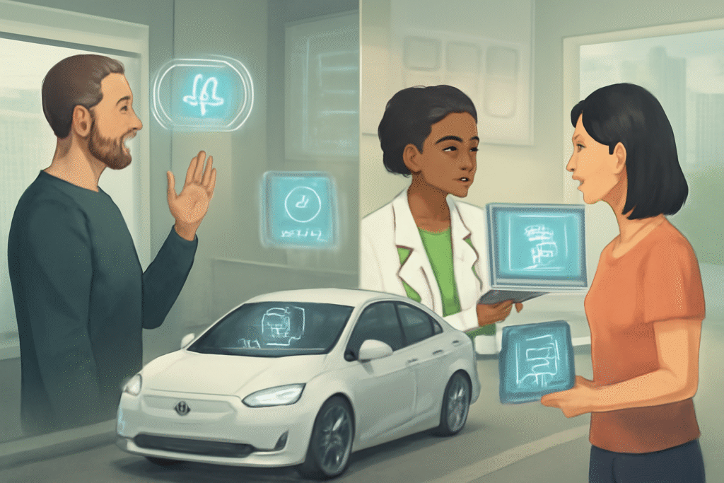 Real-life illustration of how AI makes life easier through smart homes, healthcare, autonomous vehicles, and AI apps in daily activities Real-life illustration of how AI makes life easier through smart homes, healthcare, autonomous vehicles, and AI apps in daily activities