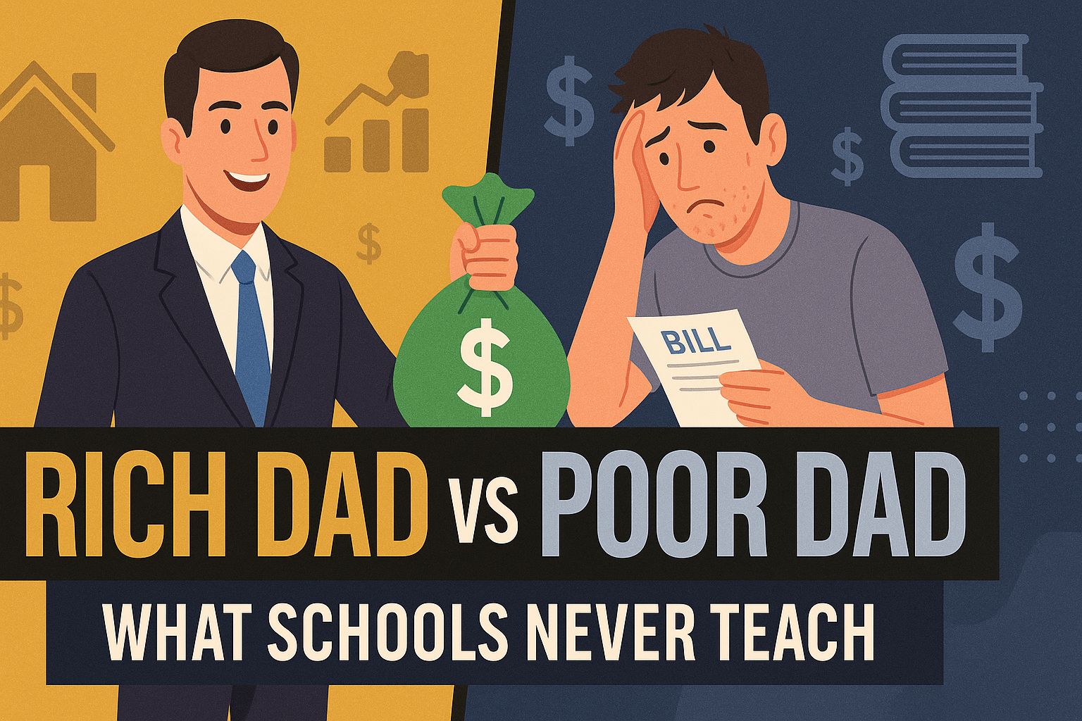 “Rich Dad vs Poor Dad mindset comparison thumbnail – money lessons schools don’t teach