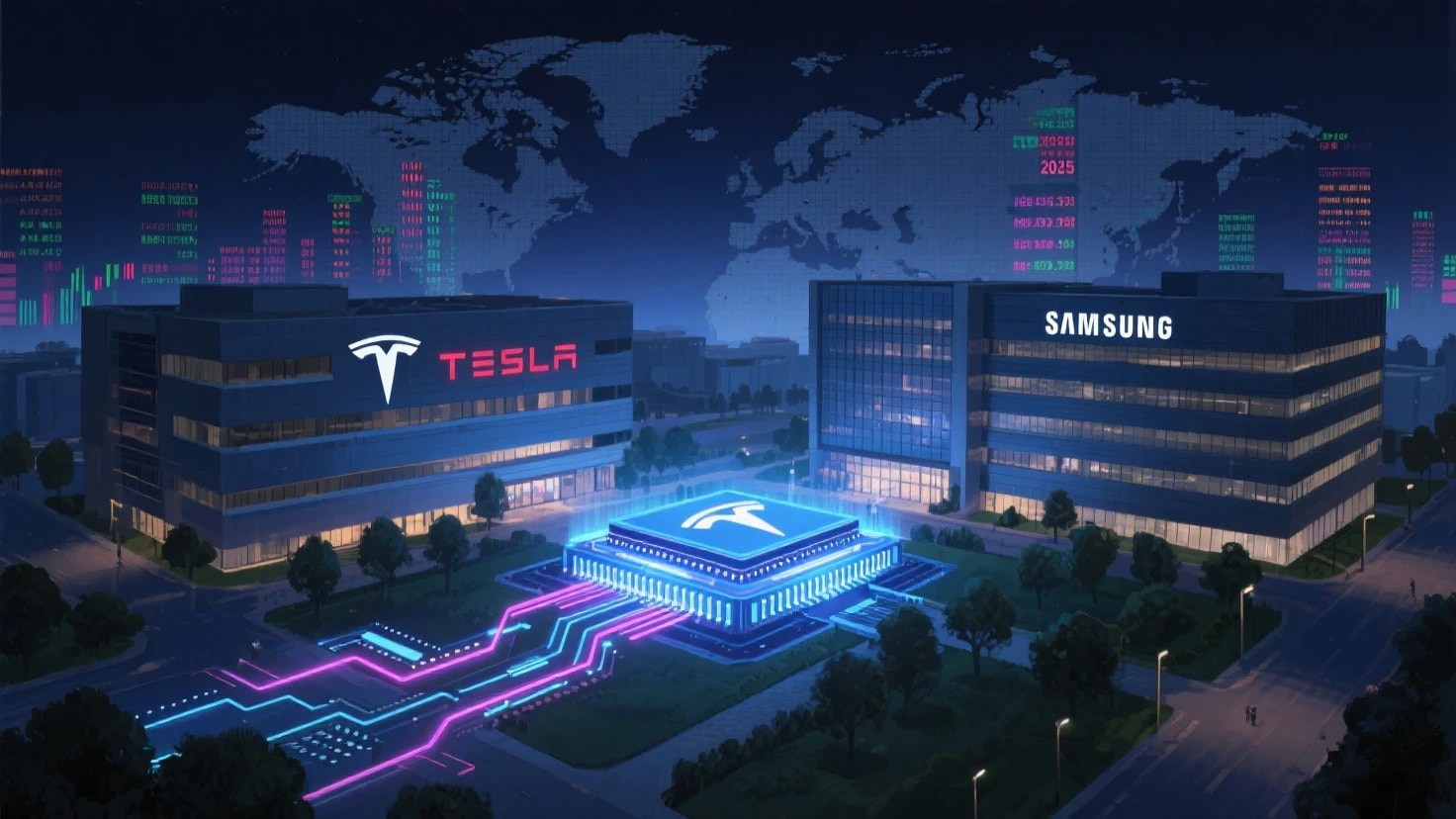 “Samsung and Tesla headquarters connected by AI chip, symbolizing 2025 tech partnership and stock market collaboration