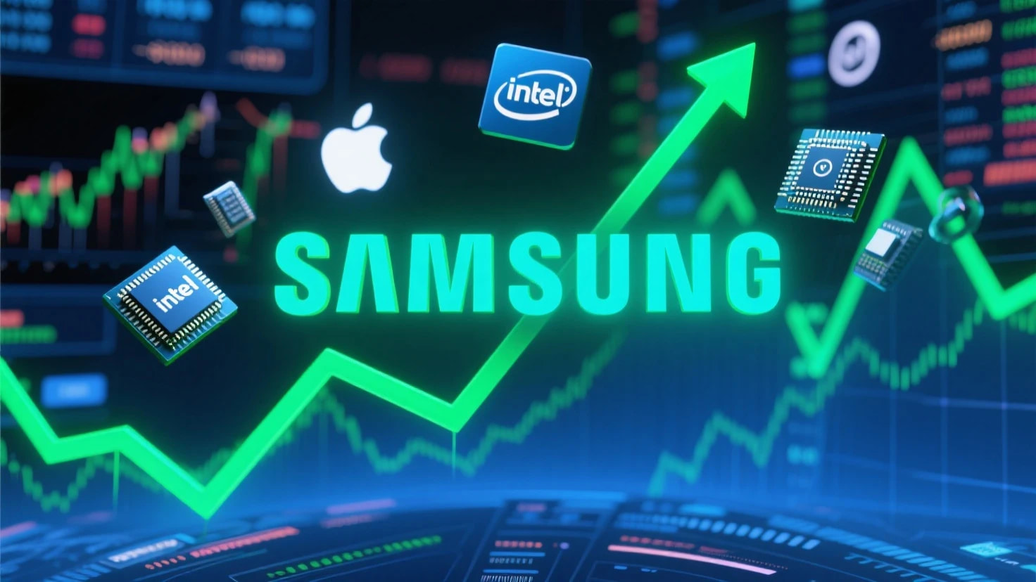 Samsung logo with rising stock chart and semiconductor chip graphics, representing tech stock growth in 2025