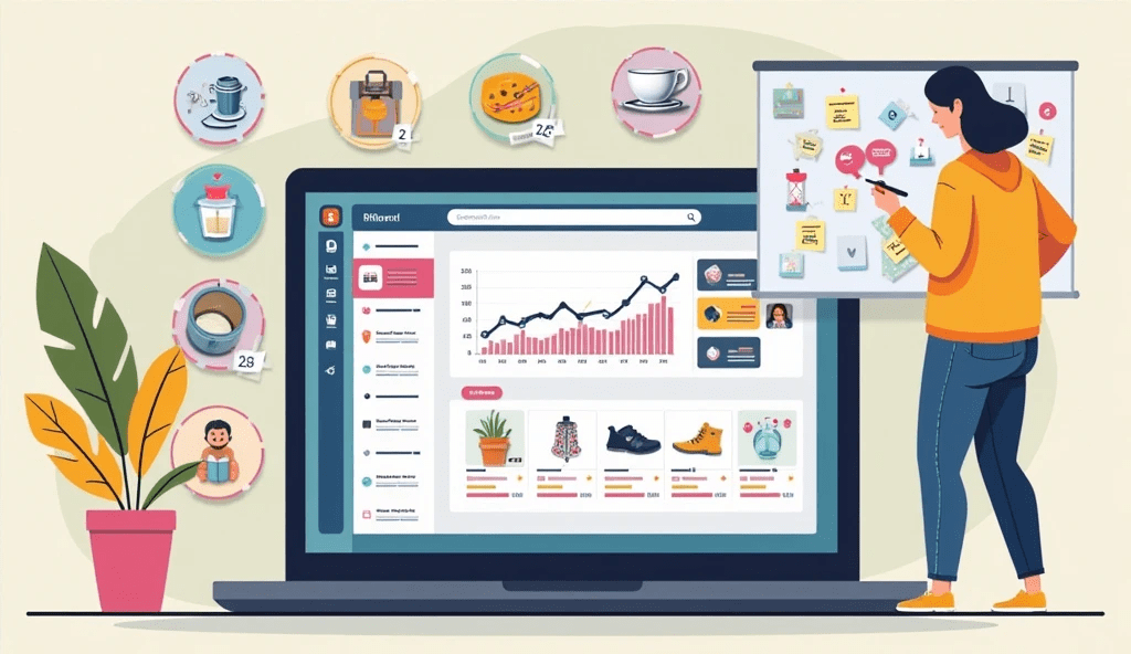 Shopify dashboard showing trending niche products and analytics with a 2025 entrepreneur researching how to choose a profitable Shopify store niche.-min