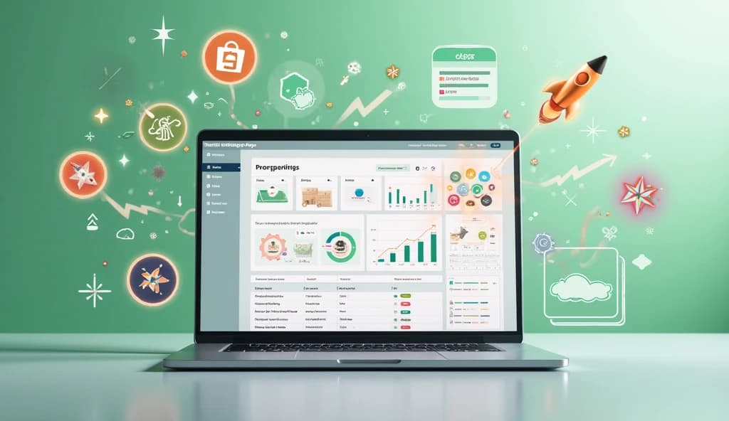 Shopify dashboard with top dropshipping app logos like DSers, AutoDS, and Spocket shown around it, representing the best Shopify apps for dropshipping in 2025.