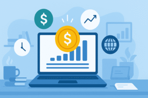 Visual representation of passive income ideas online in 2025 with laptop, money, and digital growth icons