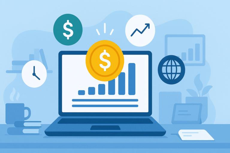 Visual representation of passive income ideas online in 2025 with laptop, money, and digital growth icons