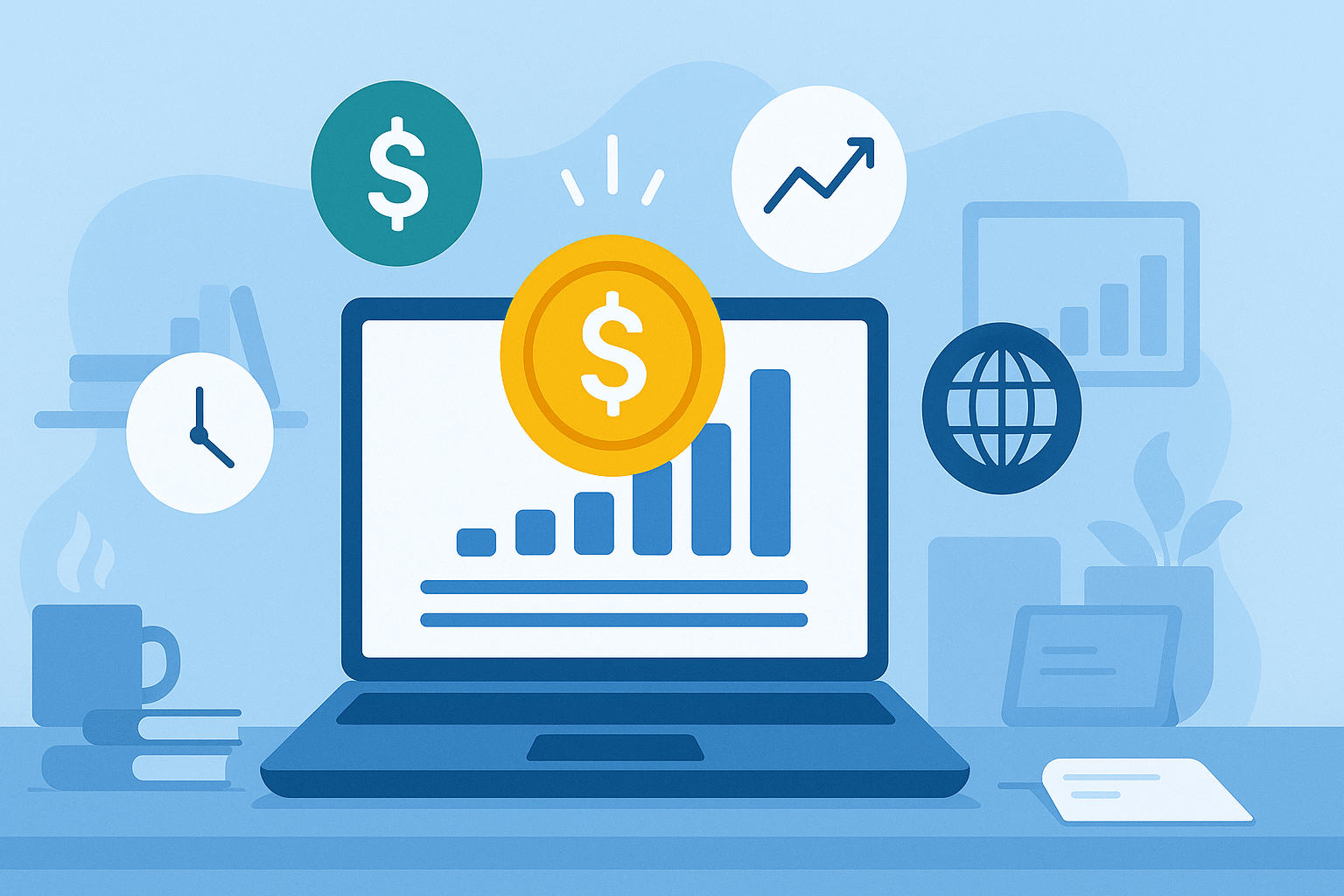 Visual representation of passive income ideas online in 2025 with laptop, money, and digital growth icons