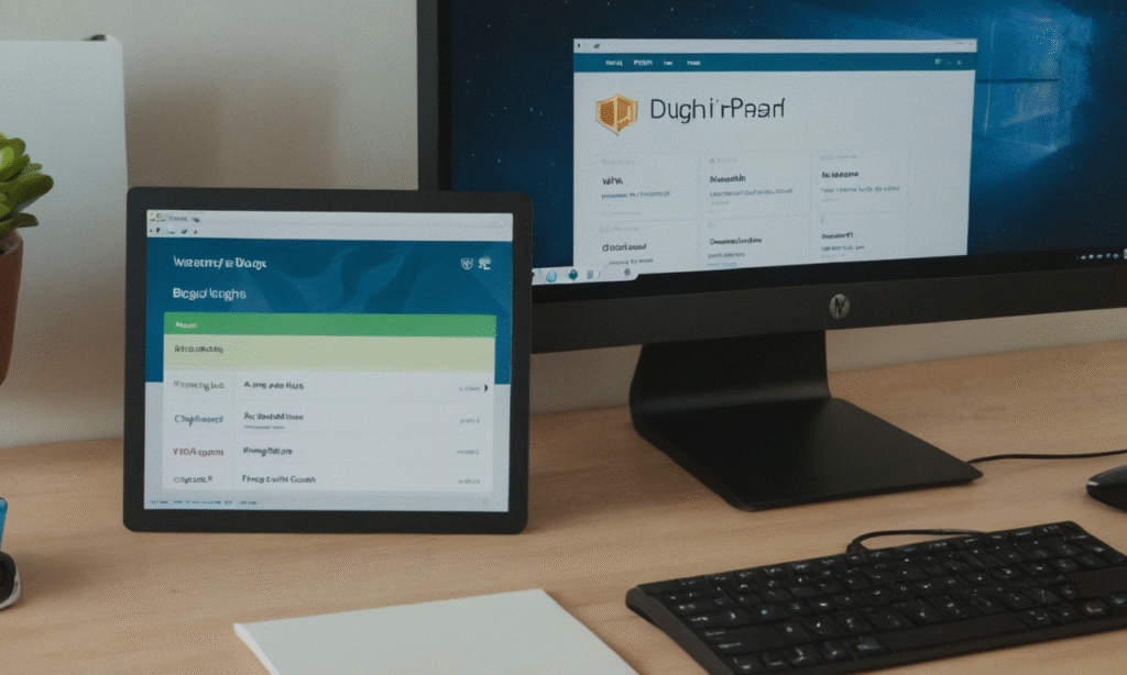 WordPress dashboard with essential plugins like SEO, backup, analytics, and contact form tools for new blog setup on the first day WordPress dashboard with essential plugins like SEO, backup, analytics, and contact form tools for new blog setup on the first day