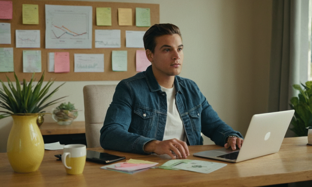 Young blogger at desk checking blog income dashboard with 2025 goals and digital monetization icons like ads and affiliate Young blogger at desk checking blog income dashboard with 2025 goals and digital monetization icons like ads and affiliate